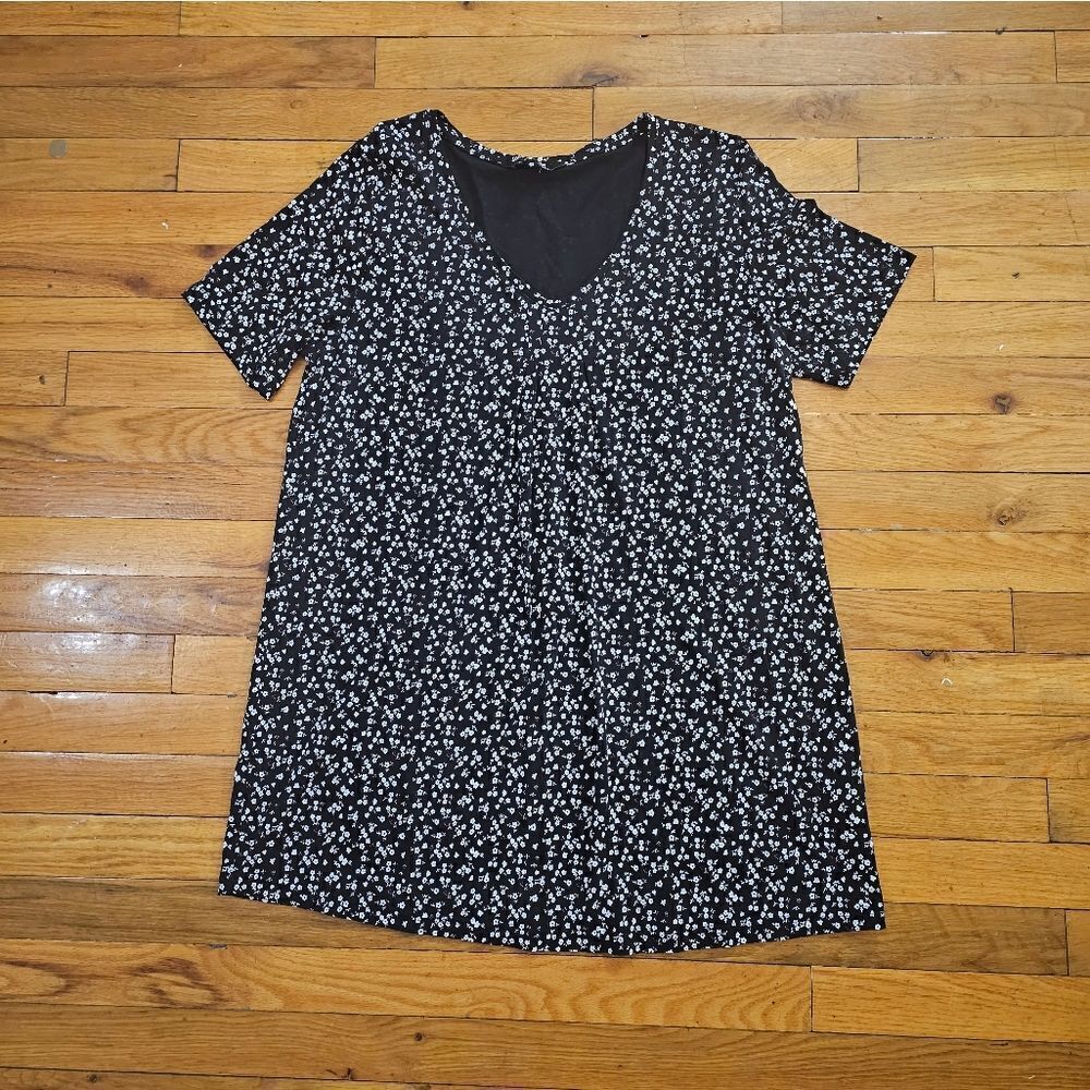 Ulla Popken Black Floral V-Neck Tunic Top Womens Size 12 14